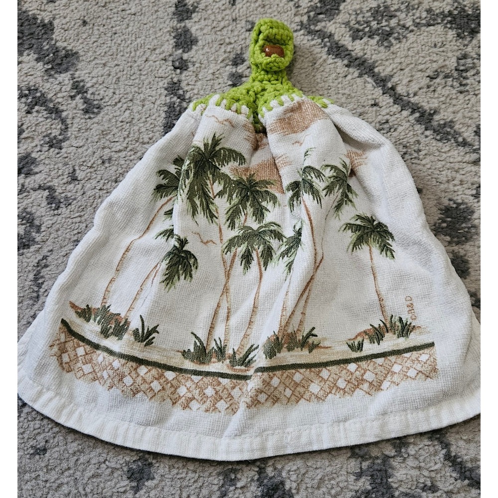 Vintage Handmade Crochet Top Hanging Kitchen Towel Palm Tree Tropical Green